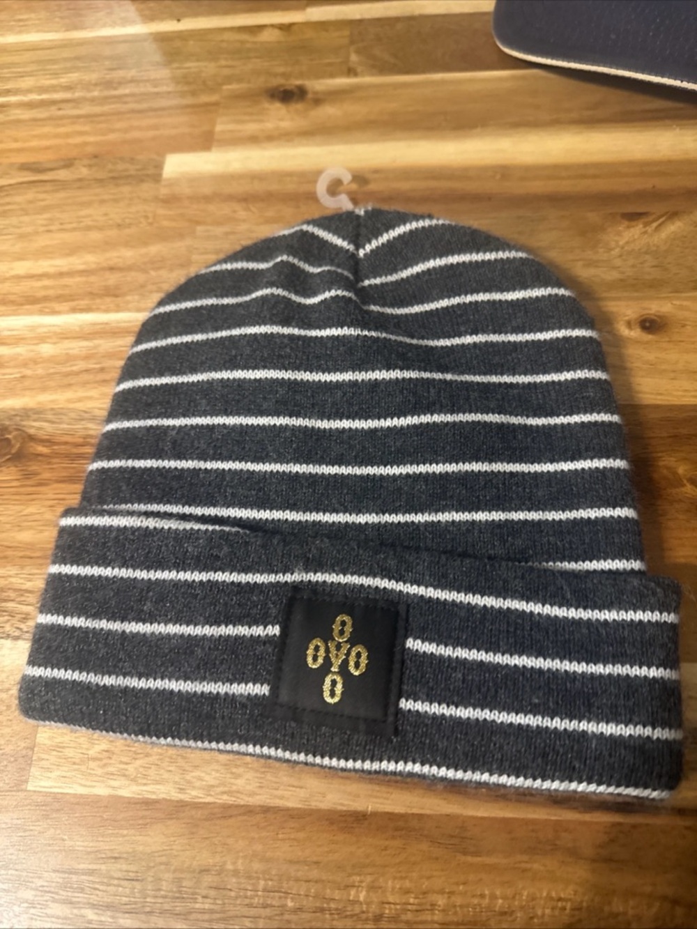 OVO Gray & White Striped Knit Cuff Beanie with Gold Logo